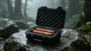 Complete Guide to Travel Humidors – Explorer Series ABS case on rock with foam insert