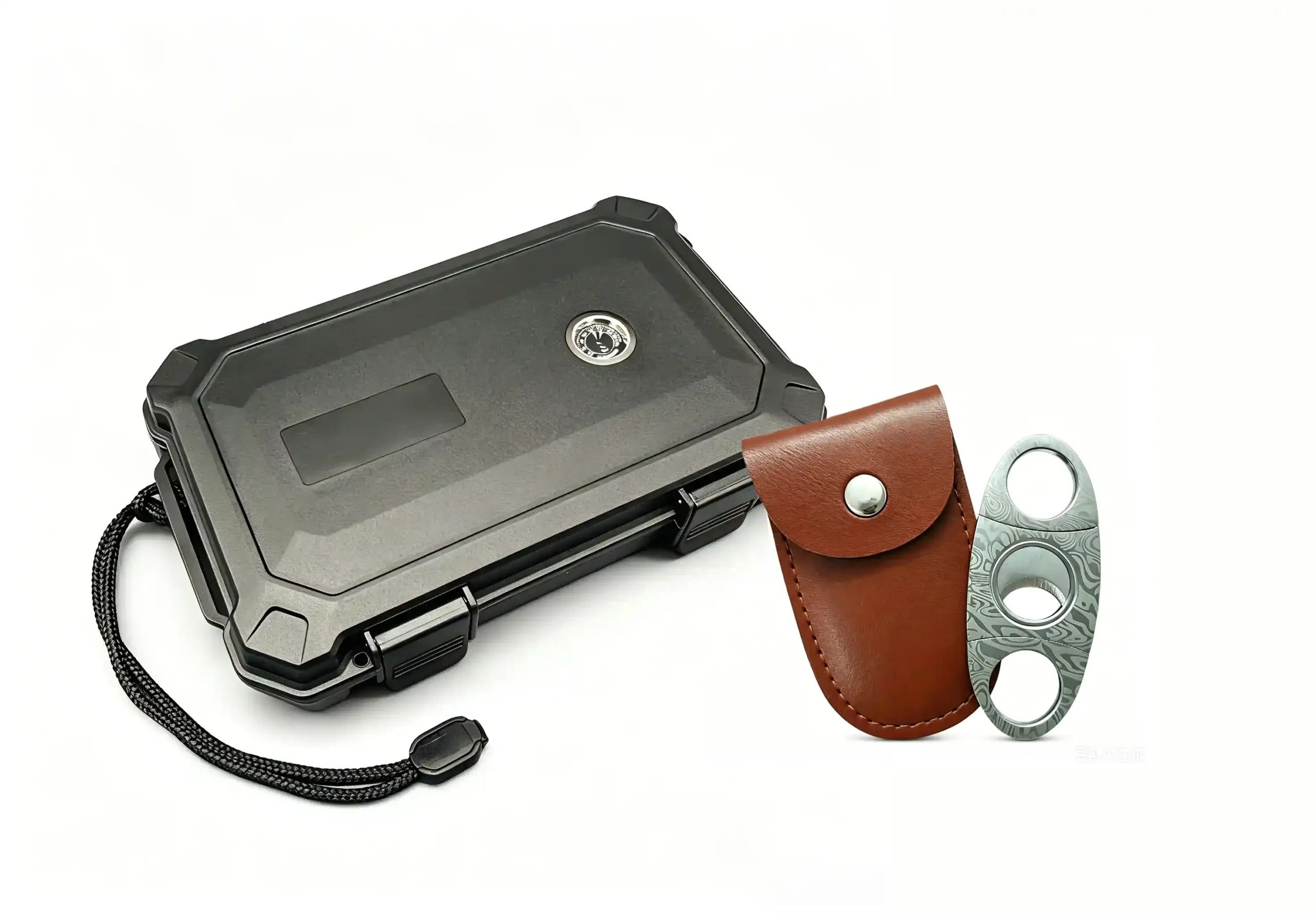 Black ABS waterproof and crushproof travel humidor with Damascus pattern double blade cigar cutter next to a brown leather protective pouch