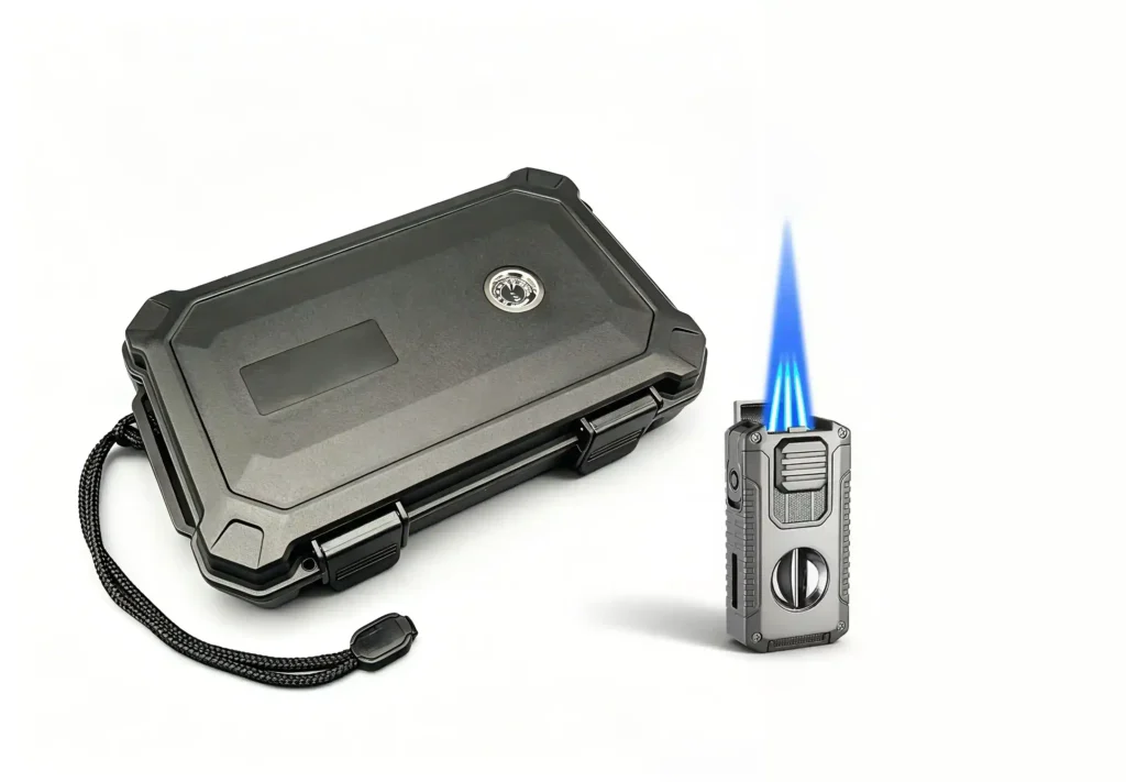 Black ABS waterproof and crushproof travel humidor with tripe torch windproof cigar lighter