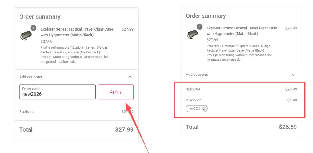 Checkout page showing price comparison before and after applying coupon – original total vs discounted total with coupon code applied