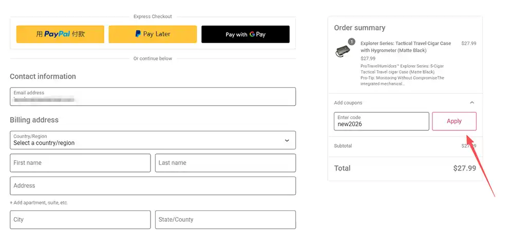 Checkout page – entering coupon code and clicking Apply button to redeem discount