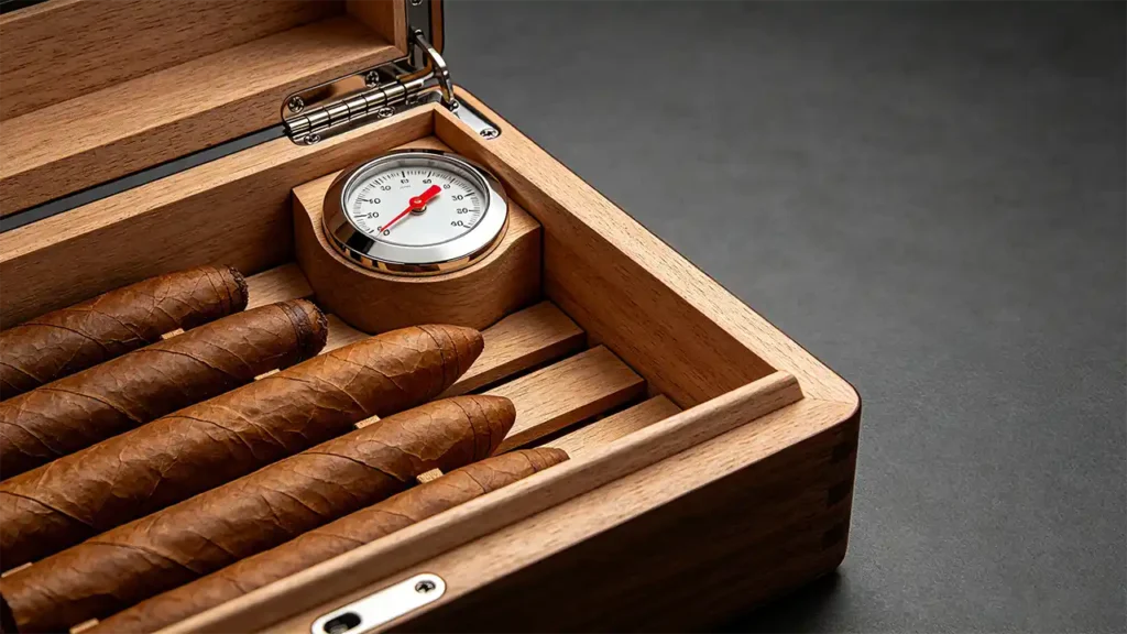 Cigar humidor humidity problems – open wooden humidor with hygrometer reading 50%, dry sponge, and cracked cigar wrapper