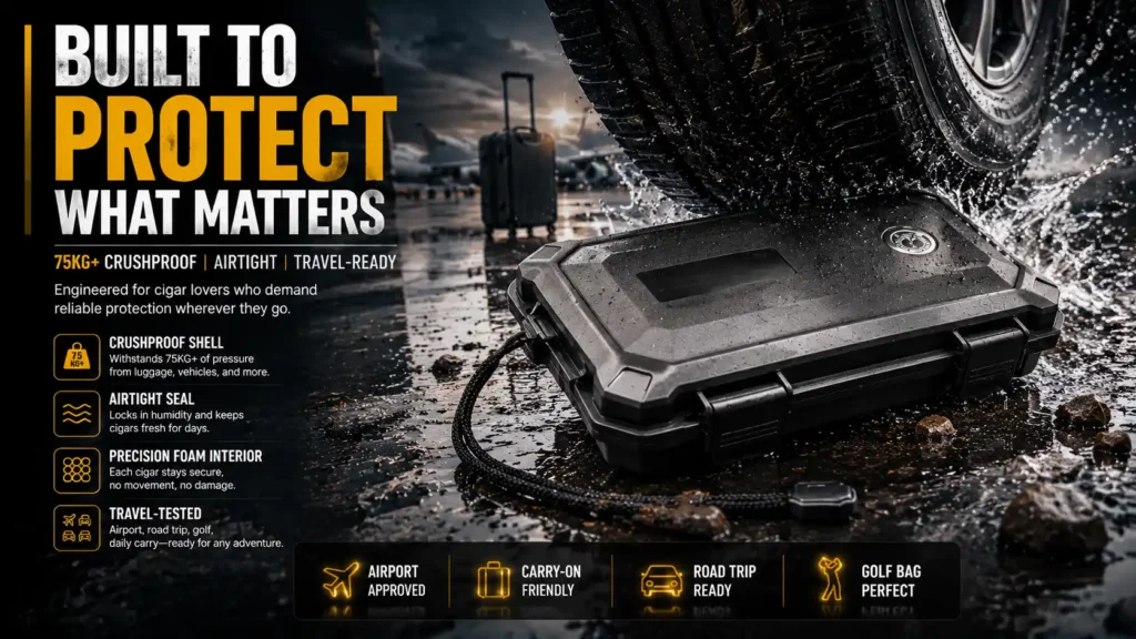Crushproof travel humidor being run over by a car tire