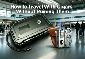 How to travel with cigars – ProTravelHumidors travel gear set with Explorer humidor, triple torch lighter, and Damascus cigar cutter in airport lounge