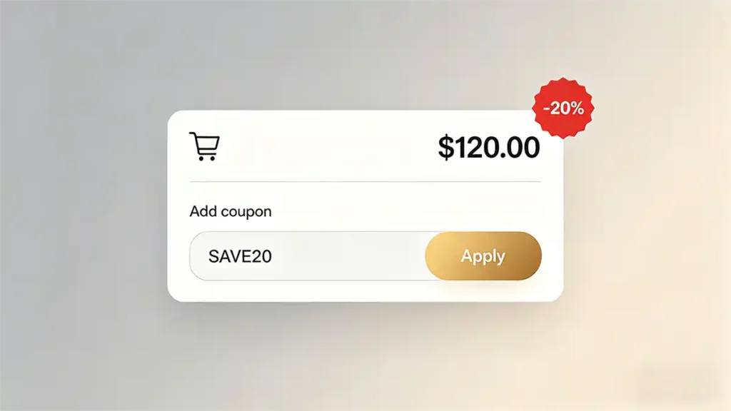 How to use coupon code at checkout – illustration of checkout page with add coupon field, apply button, and price discount