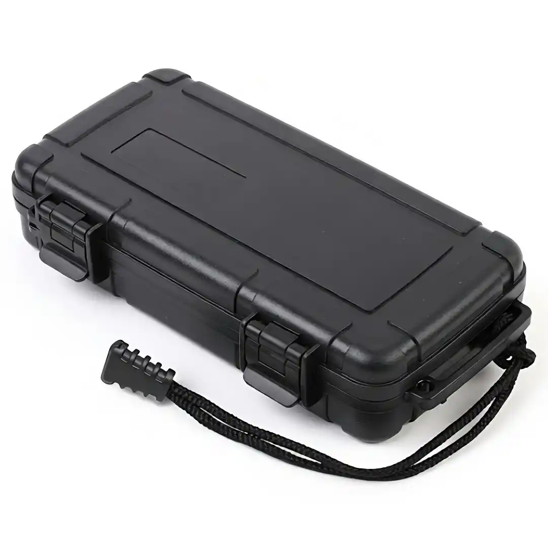 SE1 Rugged Travel Cigar Case – 5‑Cigar ABS | ProTravelHumidors 1 ProTravelHumidors black hard‑shell waterproof tactical travel case with dual latches and paracord wrist strap – isolated on white background