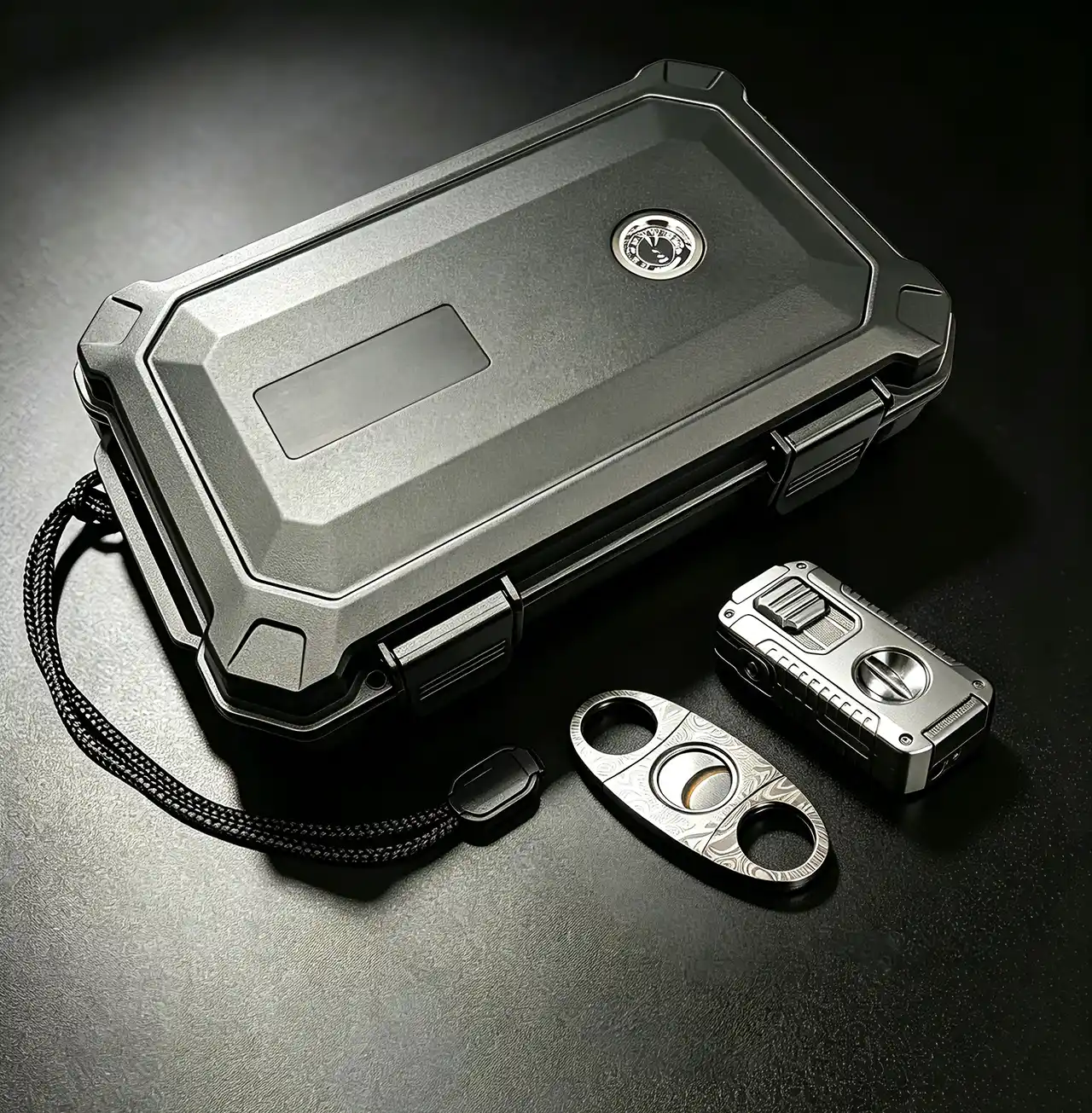 ProTravelHumidors cigar gift sets – black hard‑shell travel humidor with built‑in hygrometer, Damascus steel cutter, and silver‑black torch lighter on dark background