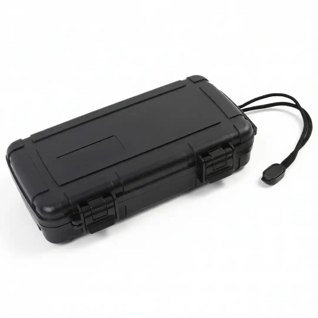 SE1 Rugged Travel Cigar Case – 5‑Cigar ABS | ProTravelHumidors 3 ProTravelHumidors closed black travel cigar humidor case with lanyard strap – portable and crushproof