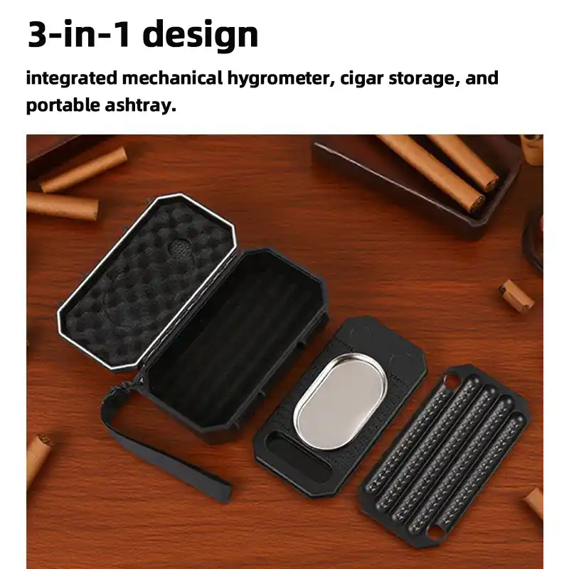 ProTravelHumidors T10 – Tactical Cigar Case 10‑Cigar (Matte Black) 4 ProTravelHumidors open black 3‑in‑1 cigar travel case with foam liner, metal ashtray tray, and textured cigar holder plate