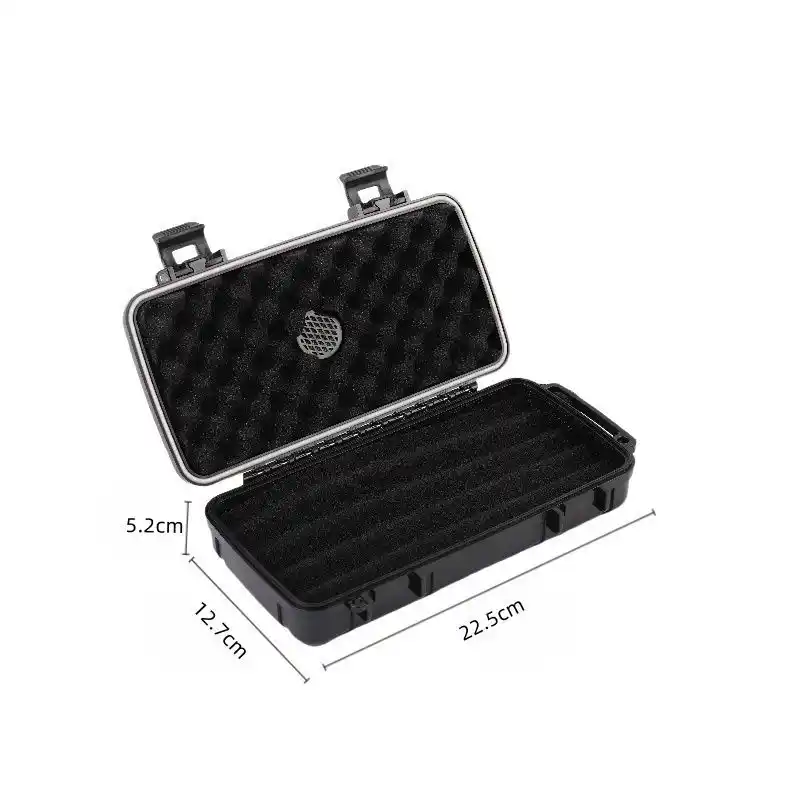 SE1 Rugged Travel Cigar Case – 5‑Cigar ABS | ProTravelHumidors 2 ProTravelHumidors open black hard‑shell travel cigar humidor with foam padding – dimensions 8.9 x 5 x 2.1 inches (22.5 x 12.7 x 5