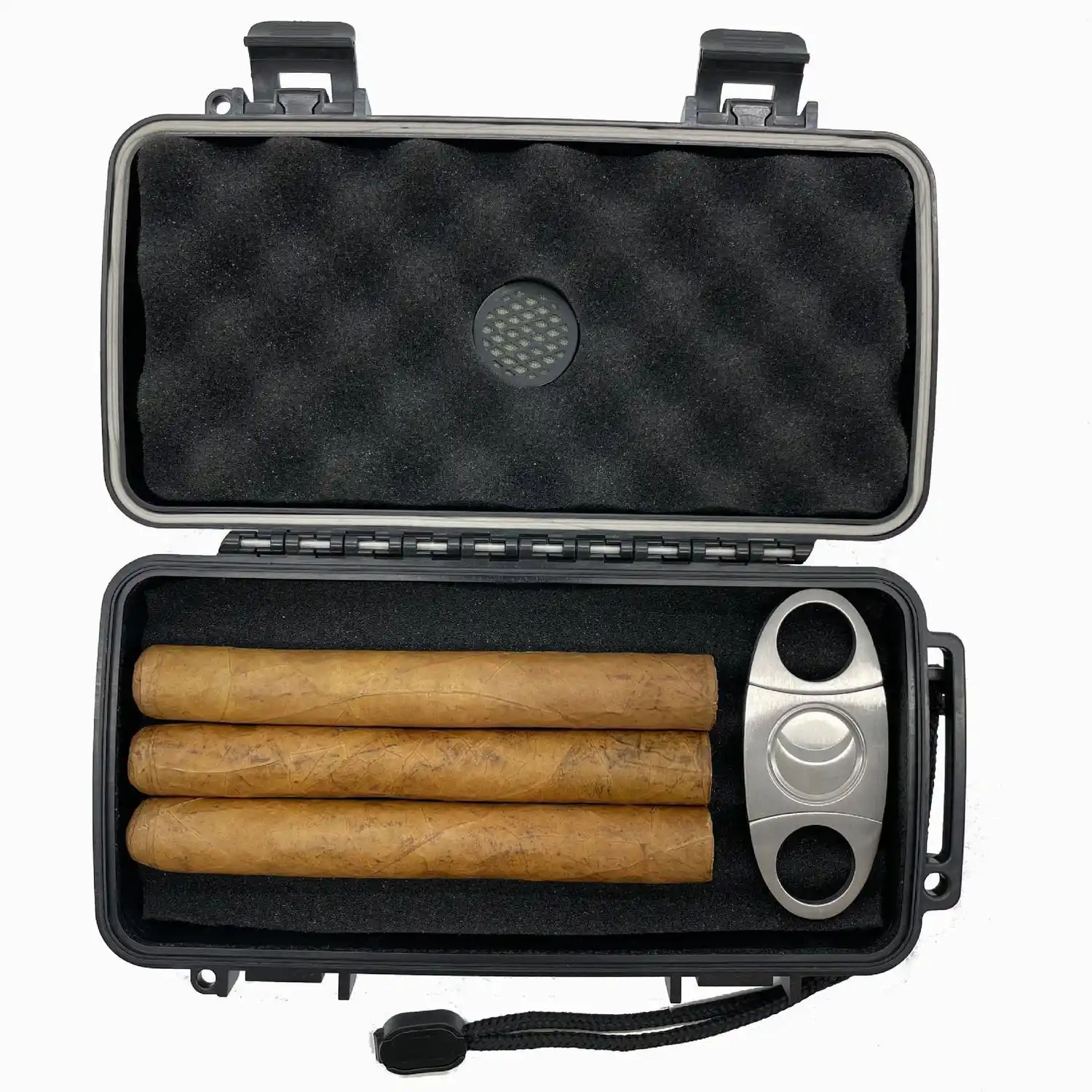 SE1 Rugged Travel Cigar Case – 5‑Cigar ABS | ProTravelHumidors 4 ProTravelHumidors open black hard‑shell travel cigar humidor with protective foam lining – holds three cigars and a stainless steel double‑guillotine cigar cutter