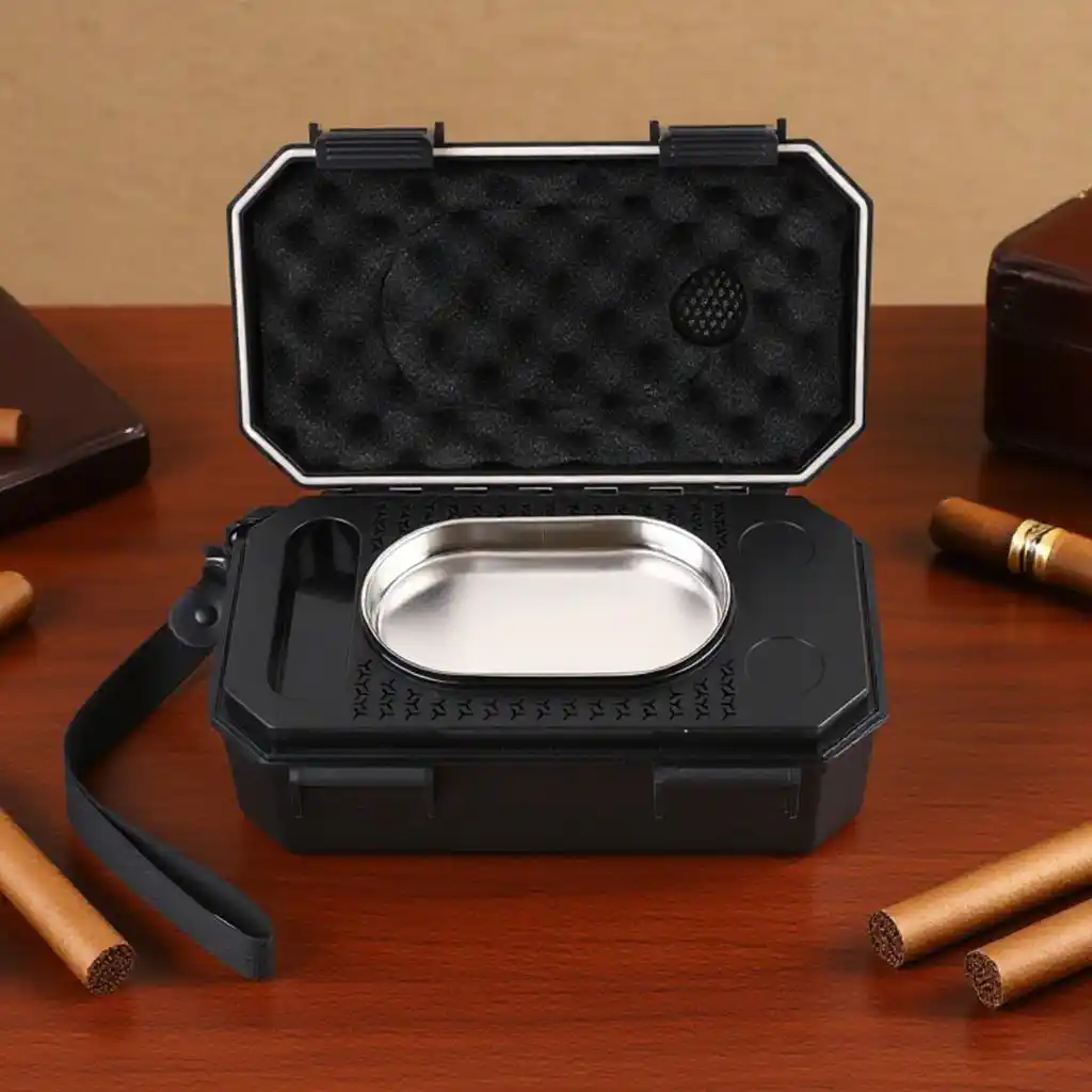 ProTravelHumidors T10 – Tactical Cigar Case 10‑Cigar (Matte Black) 5 ProTravelHumidors open black tactical cigar case front view – integrated stainless steel ashtray, lighter holder slot, and foam‑lined lid