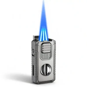 ProTravelHumidors Triple Torch Cigar Lighter Multi Tool – three sharp blue flames converging on a white background, metal body with fuel window