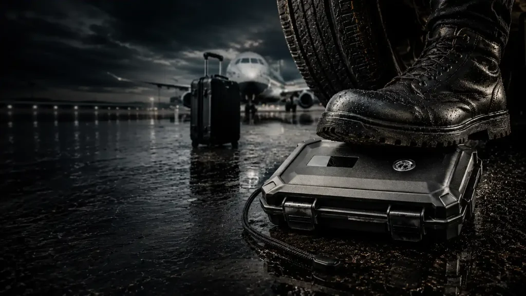 Rugged cigar travel case being stepped on by a combat boot