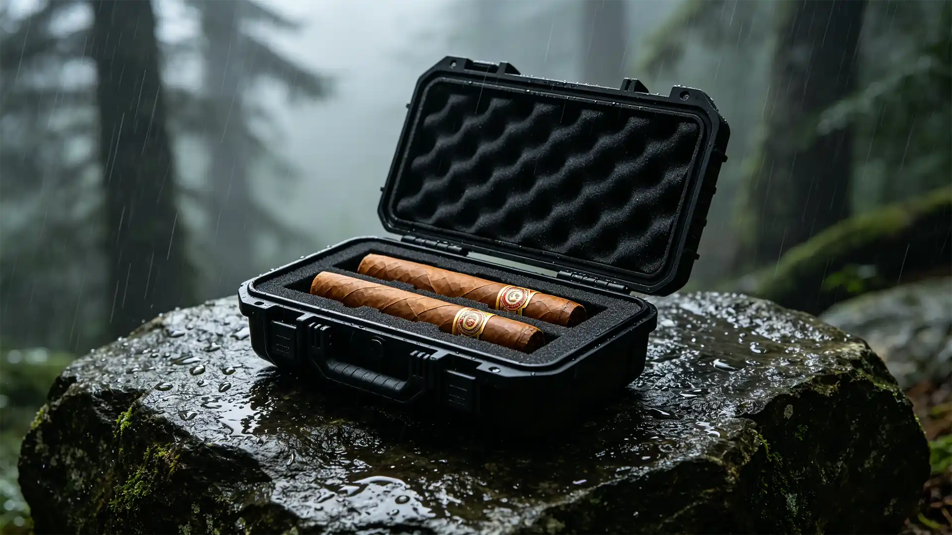 Rugged black Explorer Series ABS waterproof travel humidor on a wet rock in forest, half-open with Spanish cedar and premium cigars visible