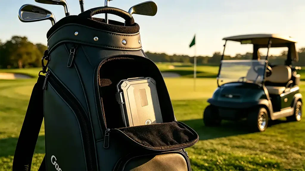 golf travel humidor Explorer Series matte black hard shell case in golf bag side pocket on sunny course