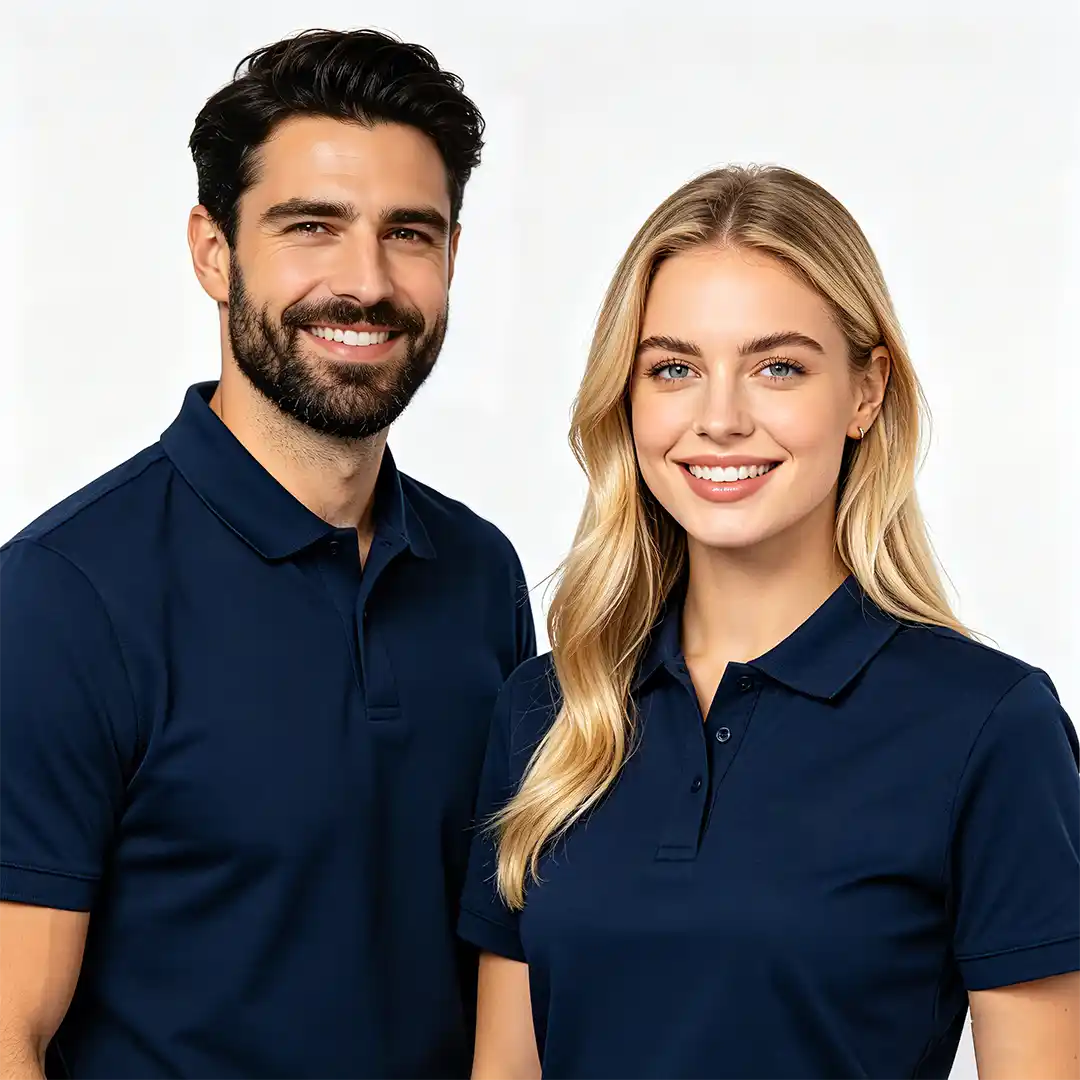 Friendly male and female customer support team standing together to assist clients.